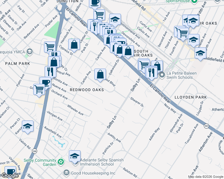 map of restaurants, bars, coffee shops, grocery stores, and more near 447 Oak Avenue in Redwood City