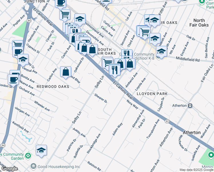 map of restaurants, bars, coffee shops, grocery stores, and more near 19 Selby Lane in Atherton