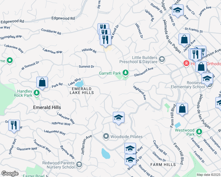 map of restaurants, bars, coffee shops, grocery stores, and more near 668 Vista Court in Redwood City