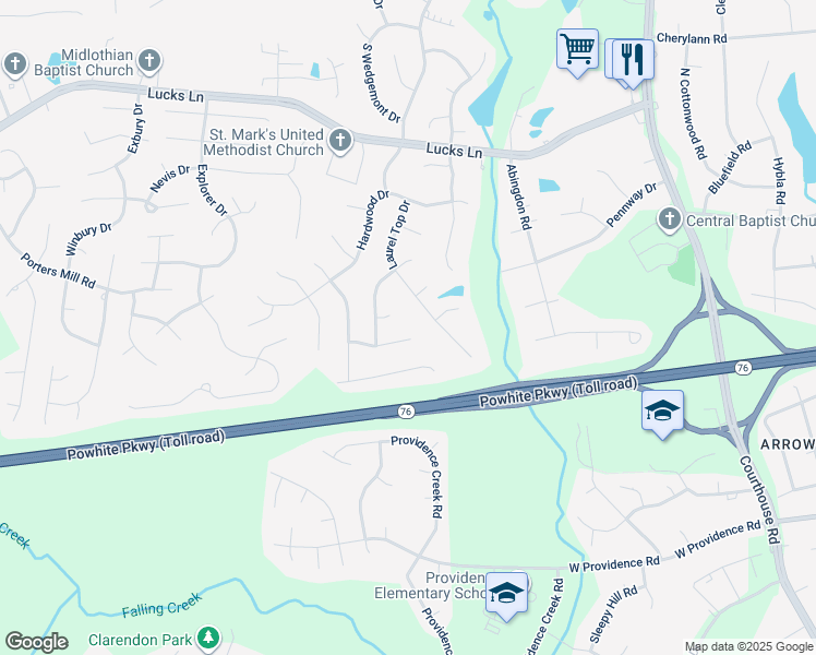 map of restaurants, bars, coffee shops, grocery stores, and more near 11412 Crawford Wood Terrace in Midlothian