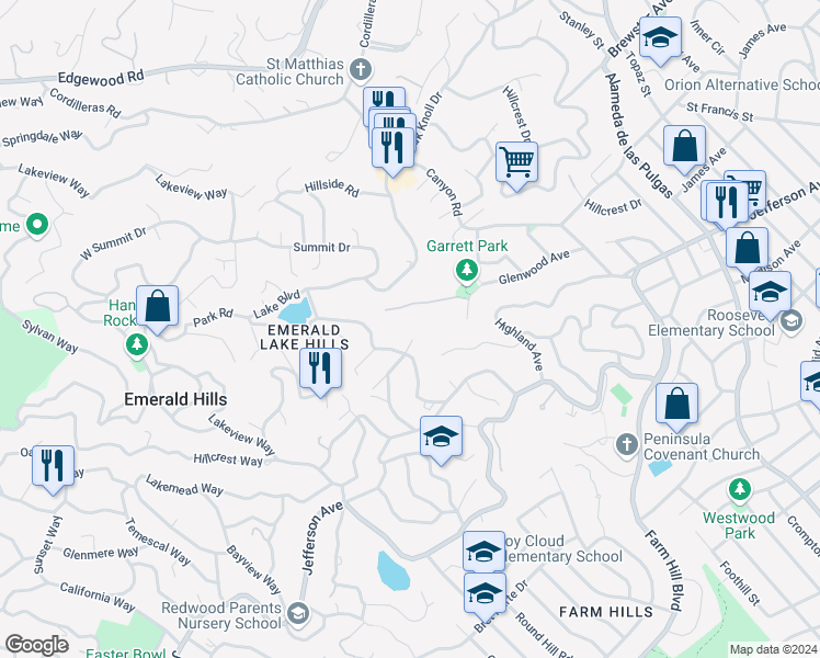 map of restaurants, bars, coffee shops, grocery stores, and more near 668 Vista Court in Redwood City