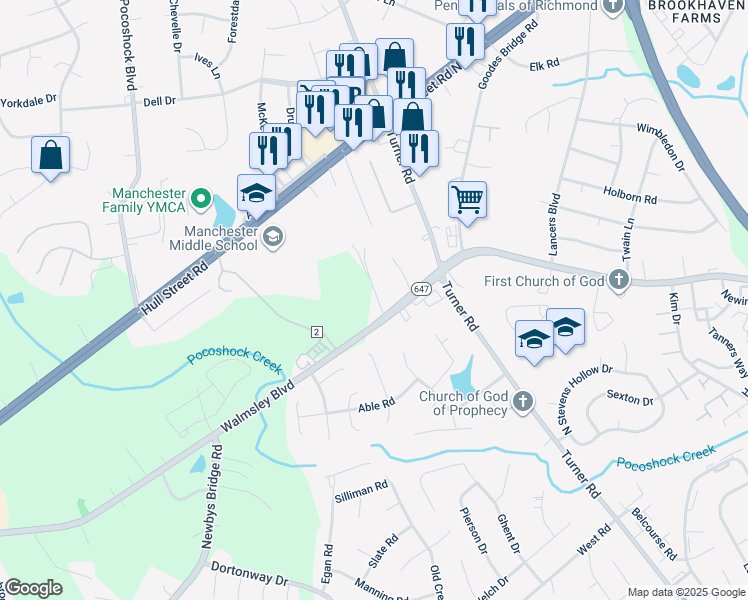 map of restaurants, bars, coffee shops, grocery stores, and more near 7020 Walmsley Boulevard in Richmond