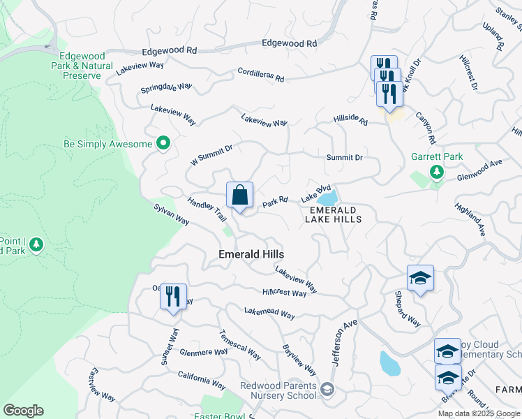 map of restaurants, bars, coffee shops, grocery stores, and more near 2503 Park Road in Emerald Hills