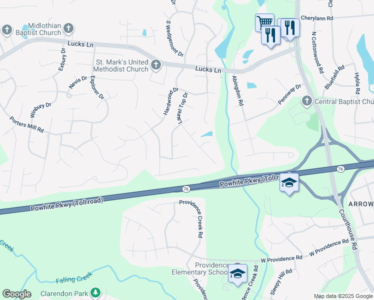map of restaurants, bars, coffee shops, grocery stores, and more near 11412 Crawford Wood Terrace in Midlothian