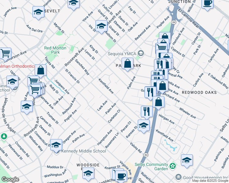 map of restaurants, bars, coffee shops, grocery stores, and more near 1443 Kentfield Avenue in Redwood City