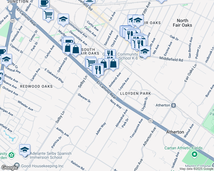map of restaurants, bars, coffee shops, grocery stores, and more near 3275 El Camino Real in Atherton