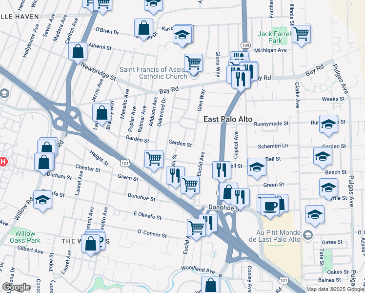 map of restaurants, bars, coffee shops, grocery stores, and more near 410 Garden Street in East Palo Alto
