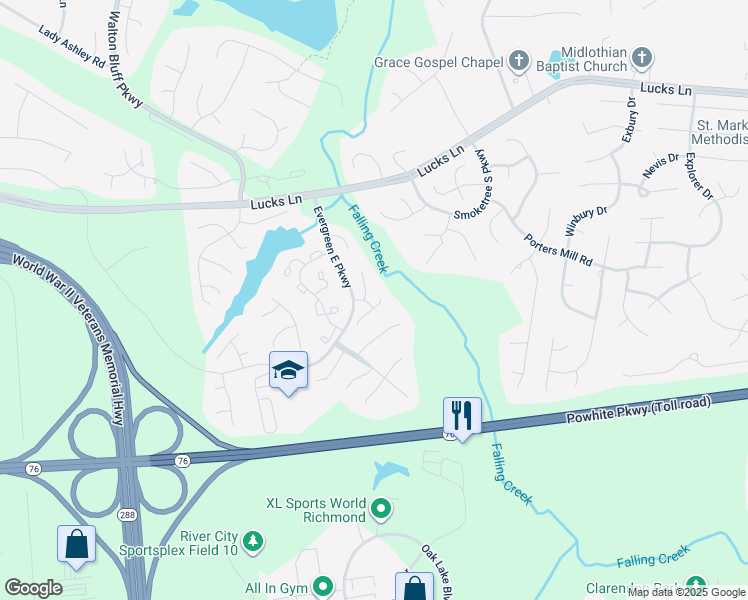 map of restaurants, bars, coffee shops, grocery stores, and more near 1608 Kirkgate Lane in Midlothian