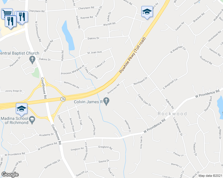 map of restaurants, bars, coffee shops, grocery stores, and more near 10212 Stonecrest Road in Richmond