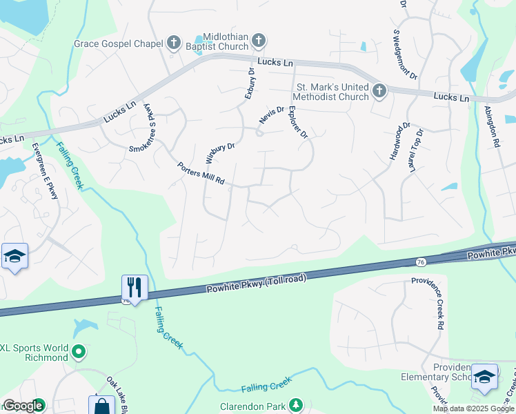 map of restaurants, bars, coffee shops, grocery stores, and more near 11813 Westbury Bluff Drive in Midlothian