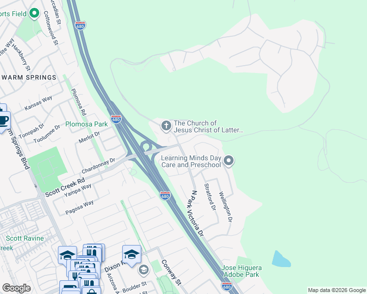 map of restaurants, bars, coffee shops, grocery stores, and more near 48930 Green Valley Road in Fremont