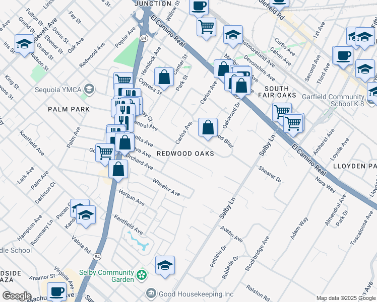 map of restaurants, bars, coffee shops, grocery stores, and more near 263 Roble Avenue in Redwood City