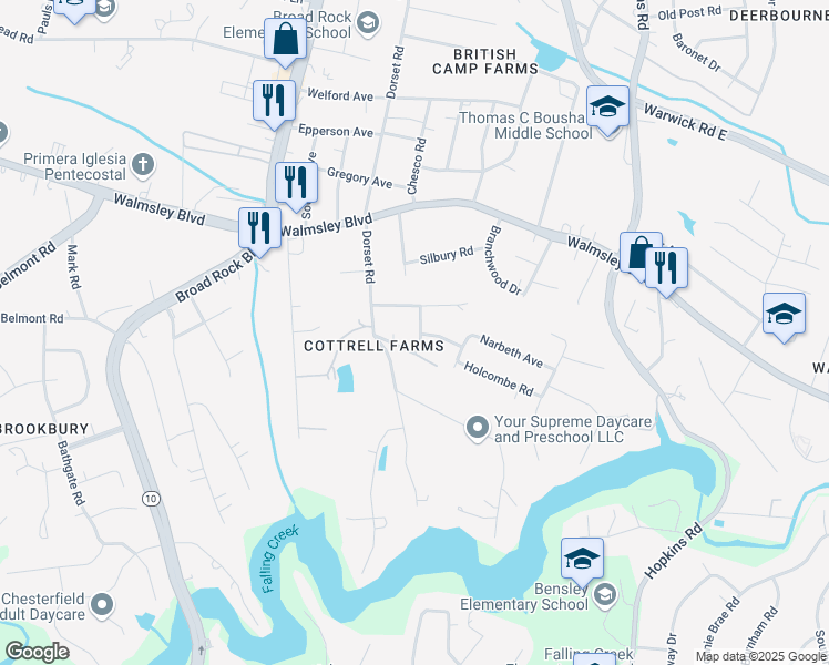 map of restaurants, bars, coffee shops, grocery stores, and more near 3816 Woodmere Drive in Richmond