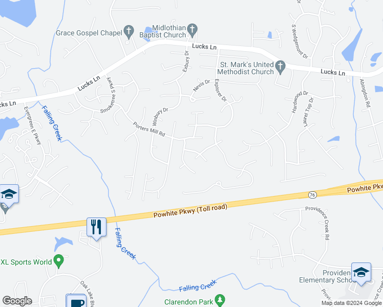 map of restaurants, bars, coffee shops, grocery stores, and more near 11813 Westbury Bluff Drive in Midlothian