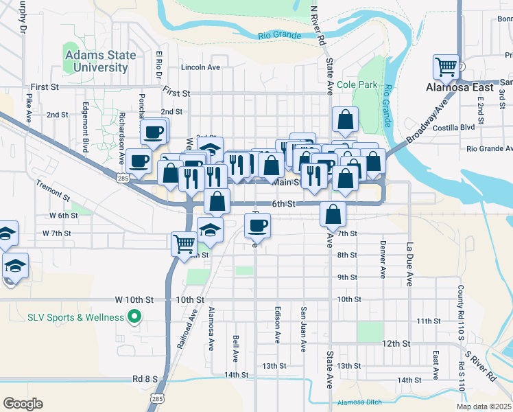 map of restaurants, bars, coffee shops, grocery stores, and more near 523 1/2 Ross Avenue in Alamosa