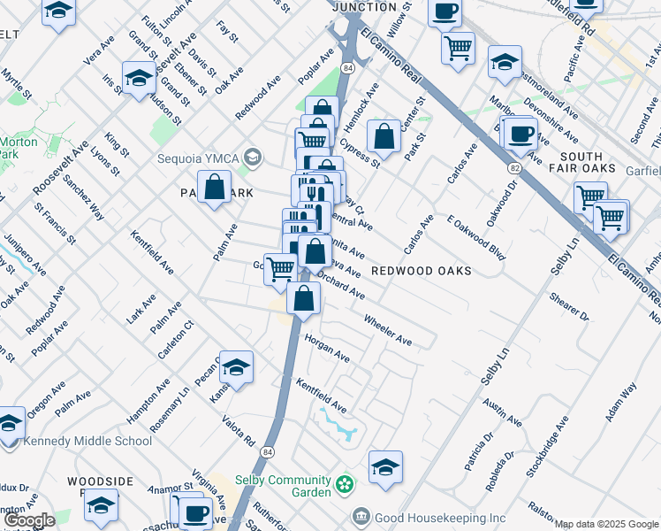 map of restaurants, bars, coffee shops, grocery stores, and more near 46 Nueva Avenue in Redwood City