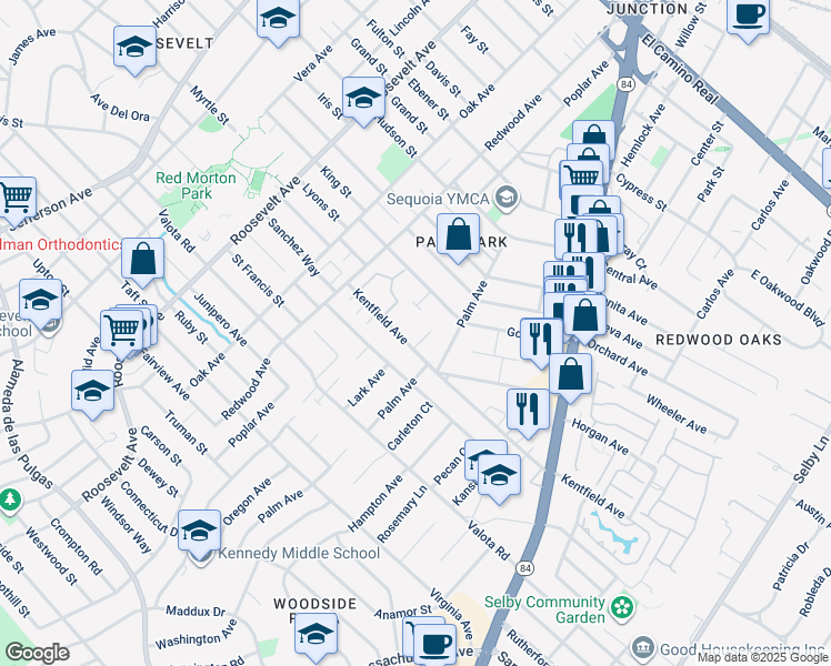 map of restaurants, bars, coffee shops, grocery stores, and more near 1439 Kentfield Avenue in Redwood City