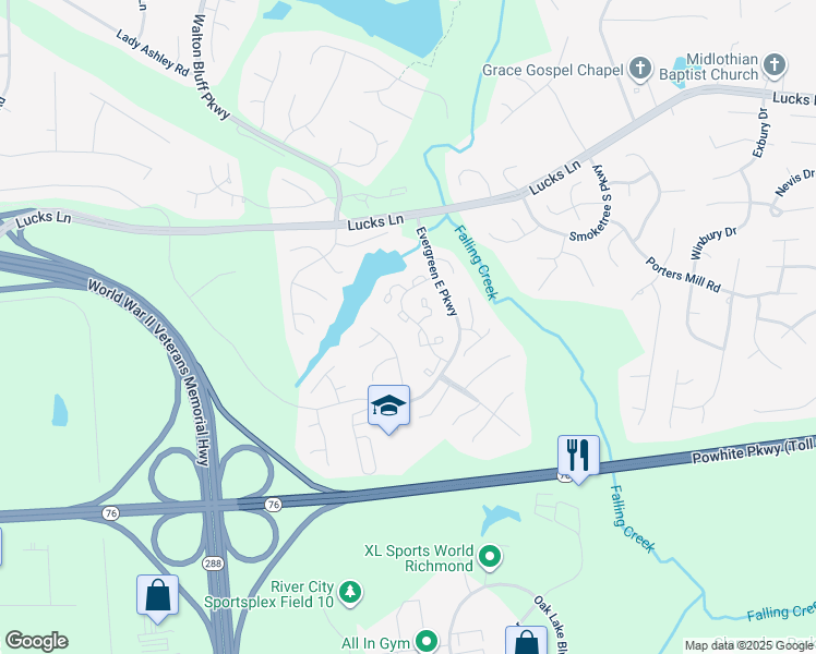 map of restaurants, bars, coffee shops, grocery stores, and more near 1416 Olde Lynne Court in Midlothian