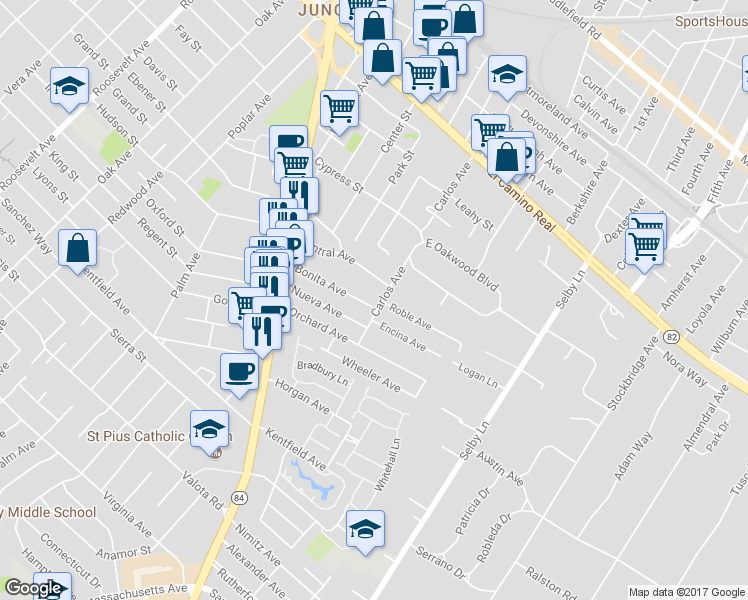 map of restaurants, bars, coffee shops, grocery stores, and more near 183 Bonita Avenue in Redwood City