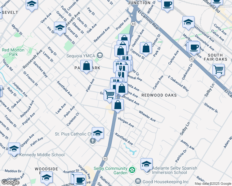 map of restaurants, bars, coffee shops, grocery stores, and more near 768 Woodside Road in Redwood City