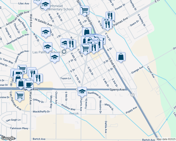 map of restaurants, bars, coffee shops, grocery stores, and more near 501 D Street in Patterson