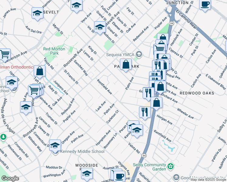 map of restaurants, bars, coffee shops, grocery stores, and more near 1443 Kentfield Avenue in Redwood City