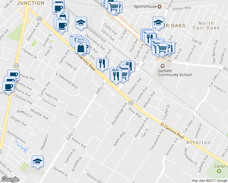 map of restaurants, bars, coffee shops, grocery stores, and more near 73 Gresham Lane in Atherton