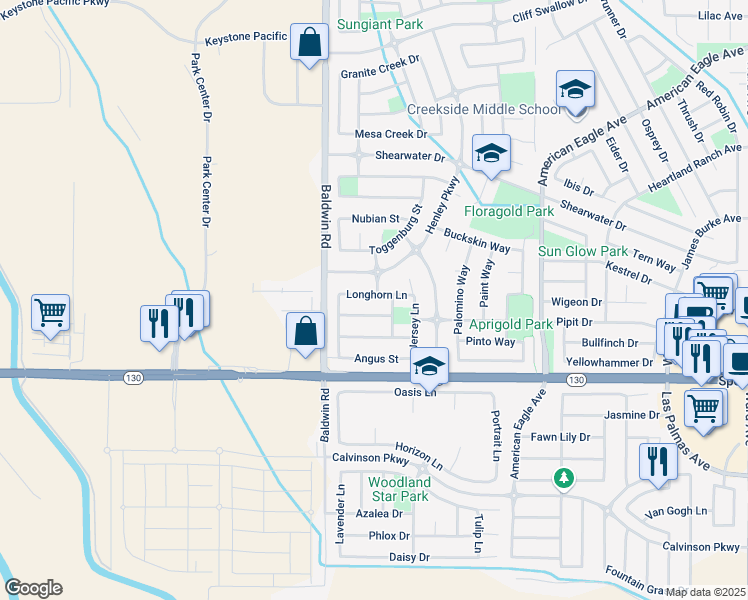 map of restaurants, bars, coffee shops, grocery stores, and more near 1430 Longhorn Lane in Patterson