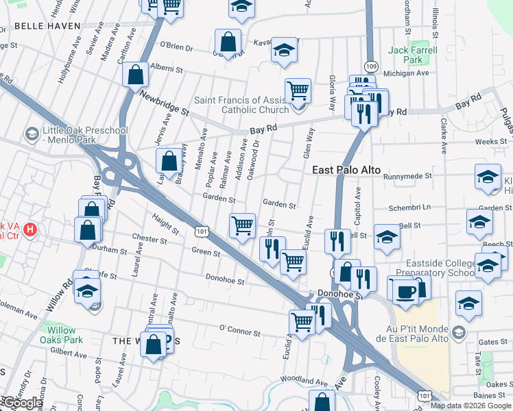map of restaurants, bars, coffee shops, grocery stores, and more near 2237 Dumbarton Avenue in East Palo Alto