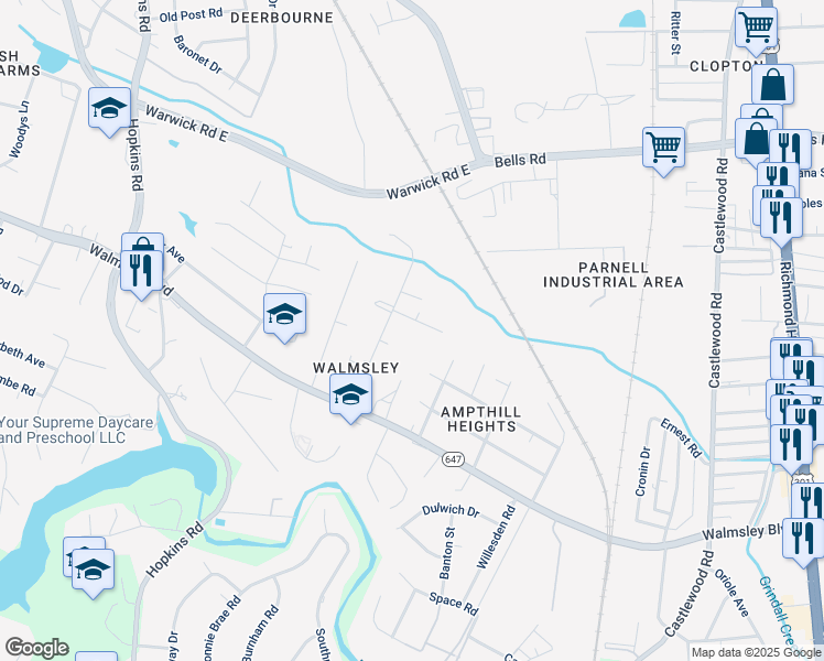 map of restaurants, bars, coffee shops, grocery stores, and more near 3351 Marybrooks Lane in Richmond
