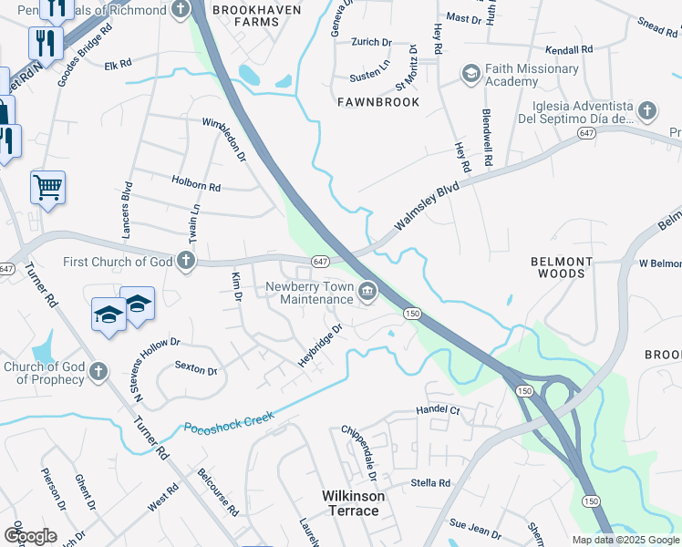 map of restaurants, bars, coffee shops, grocery stores, and more near 2914 Haddington Court in Richmond