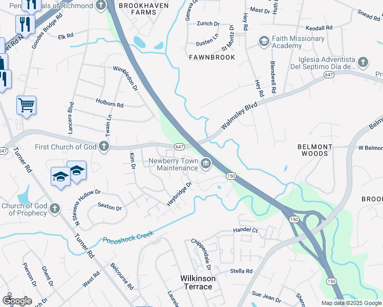 map of restaurants, bars, coffee shops, grocery stores, and more near 2914 Haddington Court in Richmond
