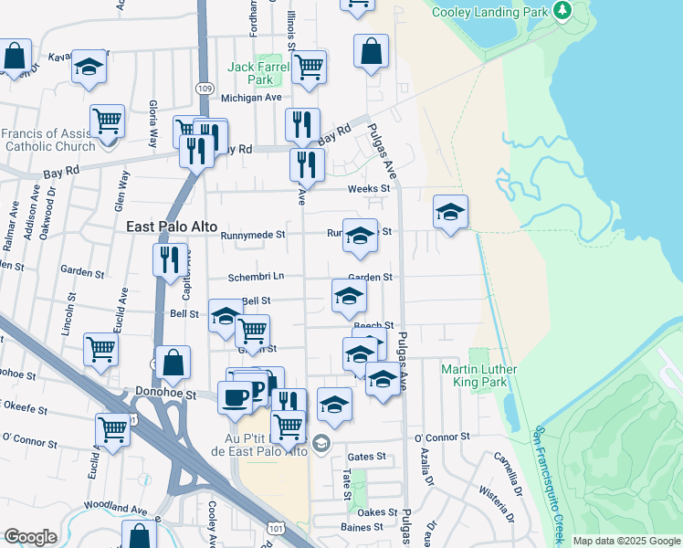 map of restaurants, bars, coffee shops, grocery stores, and more near 983 Garden Street in East Palo Alto