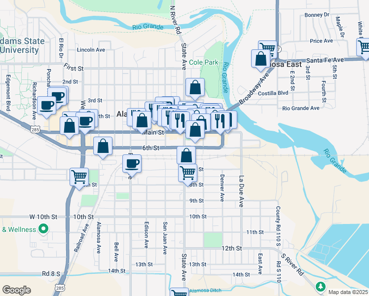 map of restaurants, bars, coffee shops, grocery stores, and more near 610 State Avenue in Alamosa