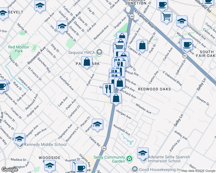 map of restaurants, bars, coffee shops, grocery stores, and more near 1591 Gordon Street in Redwood City