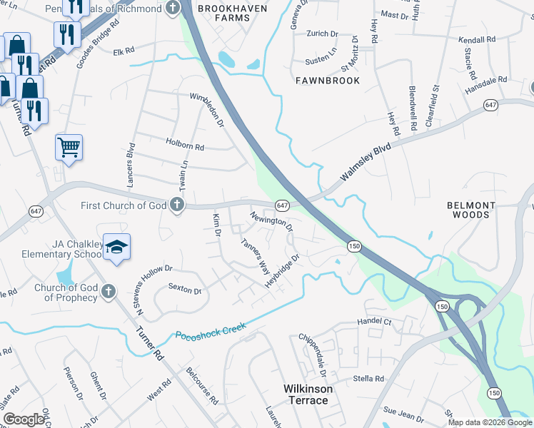 map of restaurants, bars, coffee shops, grocery stores, and more near 6207 Aldersbrook Court in Richmond