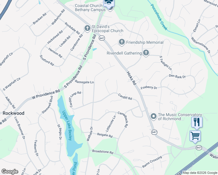 map of restaurants, bars, coffee shops, grocery stores, and more near 2250 Cardiff Way in Richmond