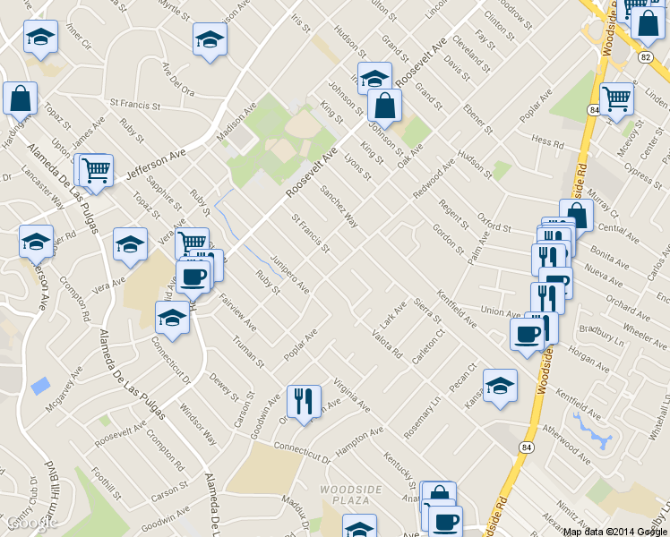 map of restaurants, bars, coffee shops, grocery stores, and more near 1610 Redwood Avenue in Redwood City