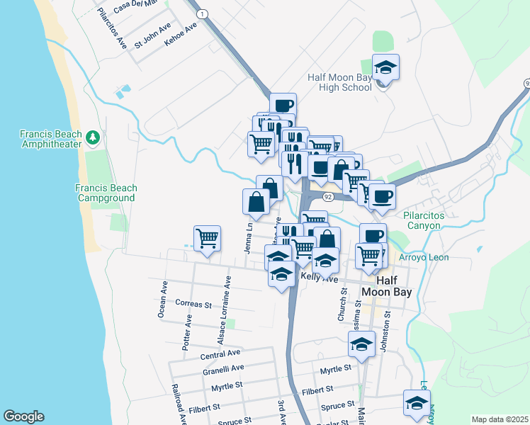 map of restaurants, bars, coffee shops, grocery stores, and more near 462 Cypress Avenue in Half Moon Bay
