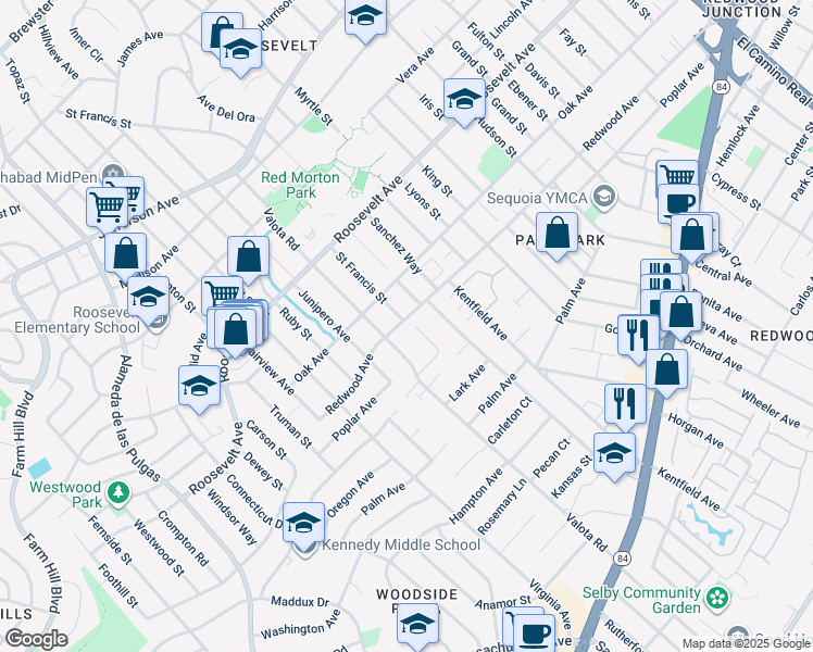 map of restaurants, bars, coffee shops, grocery stores, and more near 1605 Redwood Avenue in Redwood City