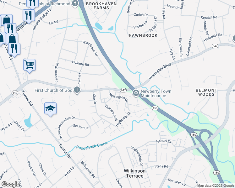 map of restaurants, bars, coffee shops, grocery stores, and more near 6207 Aldersbrook Court in Richmond