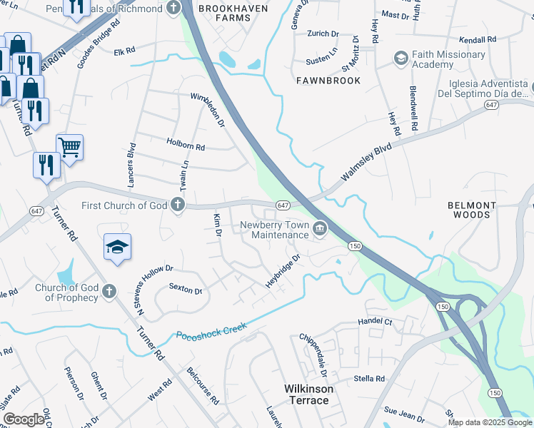 map of restaurants, bars, coffee shops, grocery stores, and more near 6211 Aldersbrook Court in Richmond