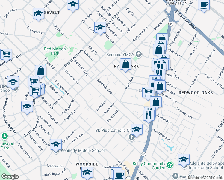 map of restaurants, bars, coffee shops, grocery stores, and more near 1439 Kentfield Avenue in Redwood City