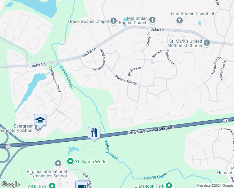 map of restaurants, bars, coffee shops, grocery stores, and more near 1642 Porters Mill Lane in Midlothian