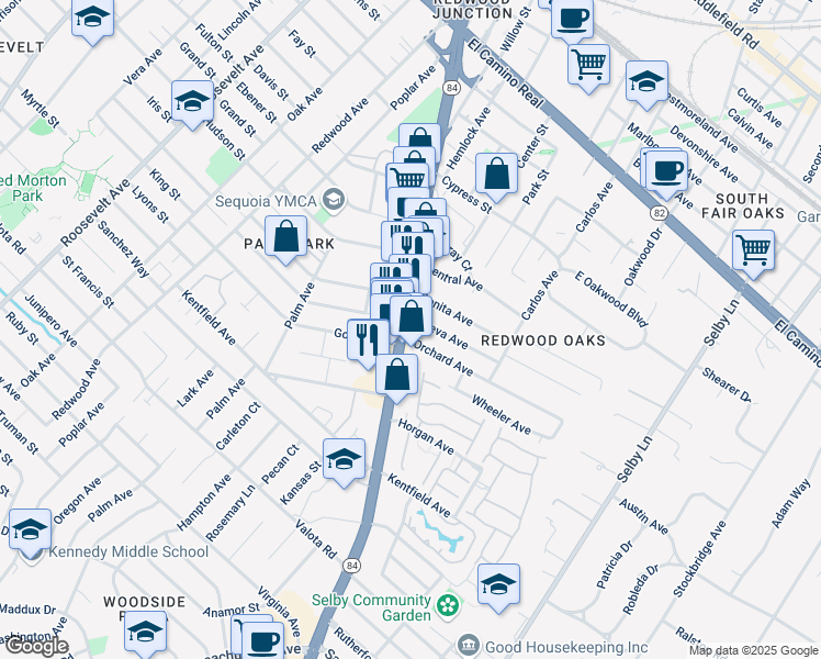 map of restaurants, bars, coffee shops, grocery stores, and more near 768 Woodside Road in Redwood City