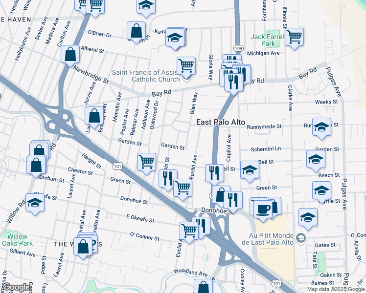 map of restaurants, bars, coffee shops, grocery stores, and more near 410 Garden Street in East Palo Alto