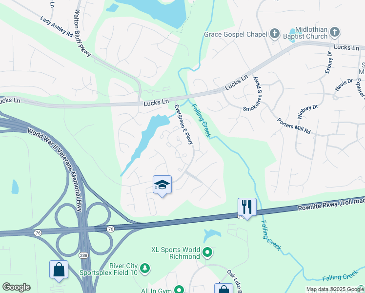 map of restaurants, bars, coffee shops, grocery stores, and more near 1427 Groton Court in Midlothian