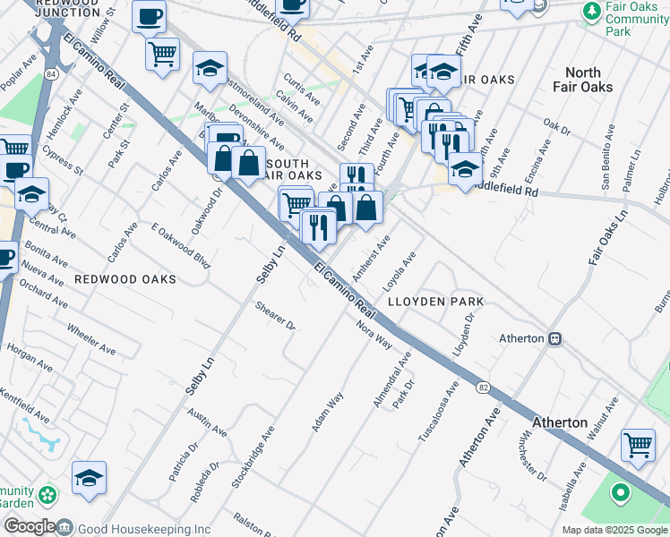 map of restaurants, bars, coffee shops, grocery stores, and more near 3201 El Camino Real in Atherton