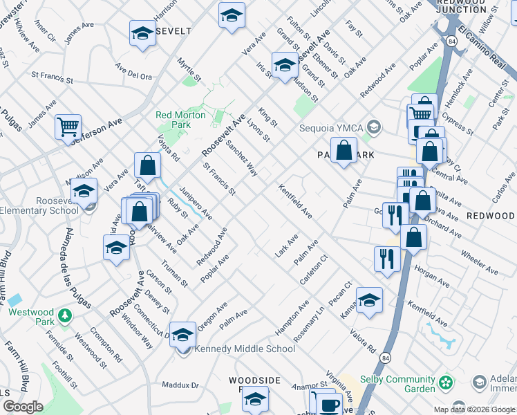 map of restaurants, bars, coffee shops, grocery stores, and more near 1317 Saint Francis Street in Redwood City