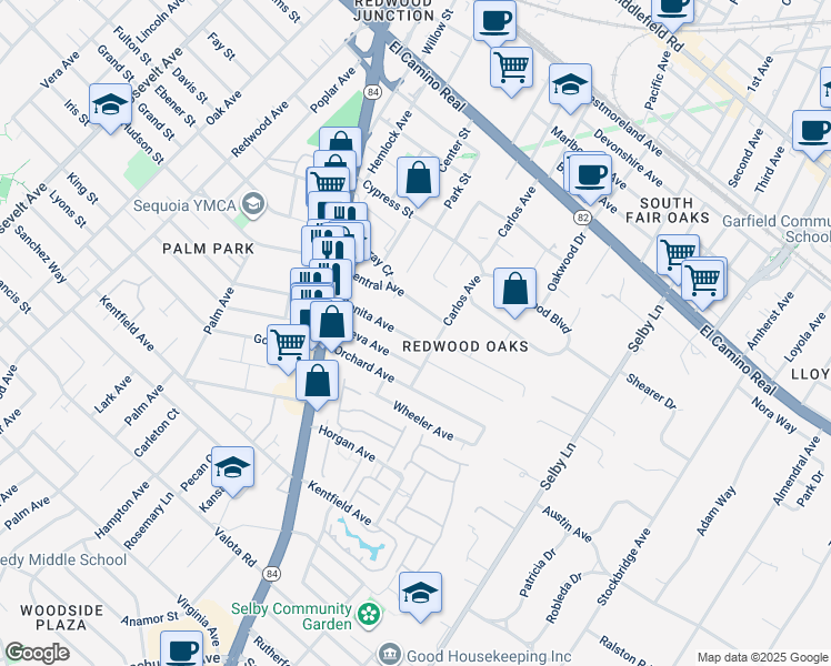 map of restaurants, bars, coffee shops, grocery stores, and more near 183 Bonita Avenue in Redwood City